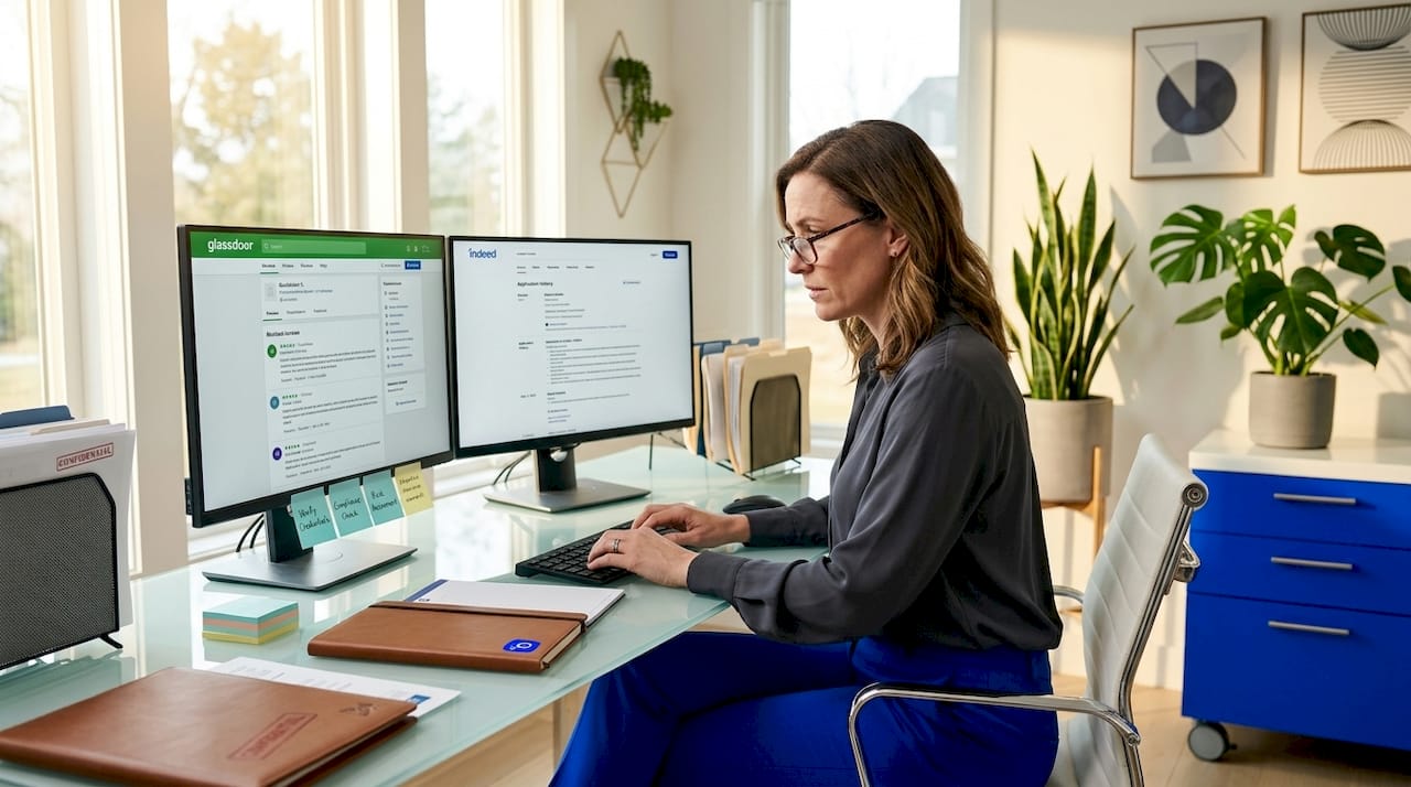 HR professional reviewing employee reviews online
