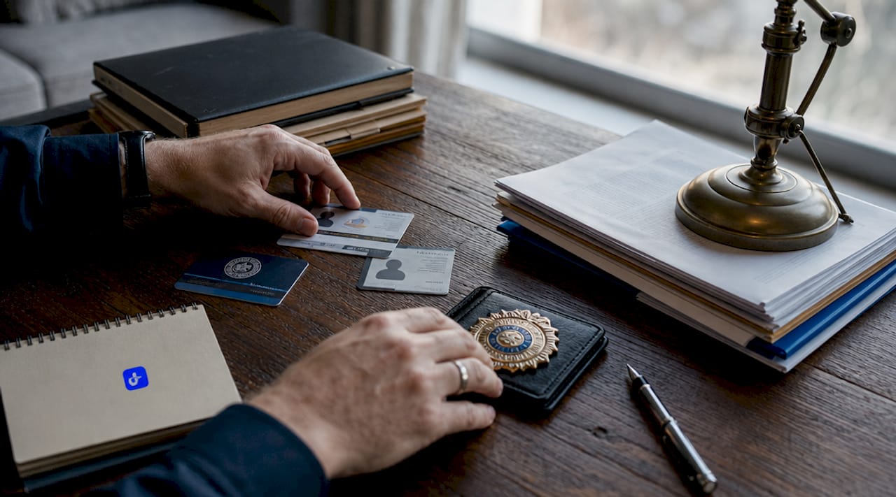 Hands sorting public safety credentials cards