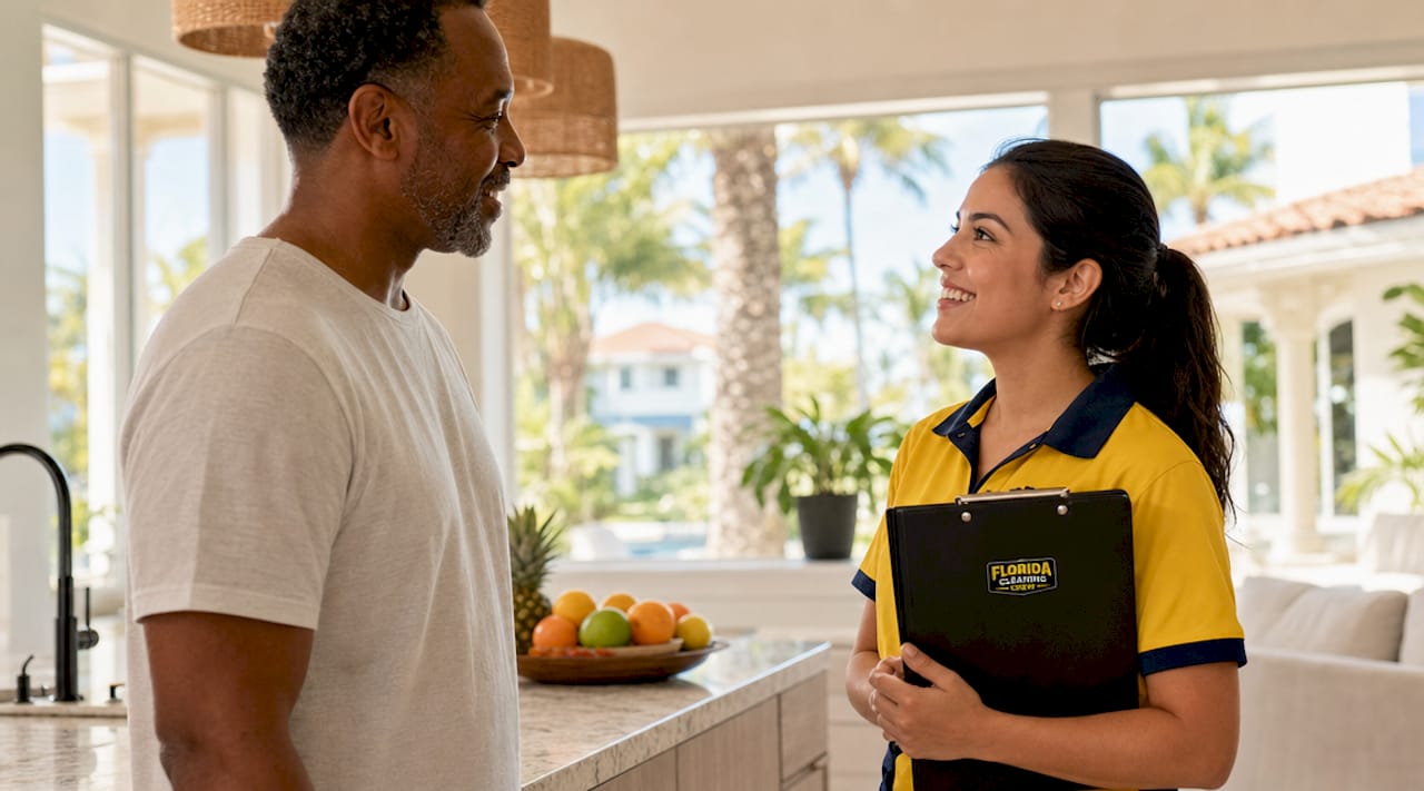 Homeowner greeting background-checked cleaner in hallway
