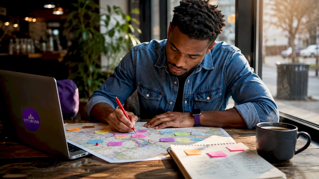 Hands marking local map with pen and coffee nearby
