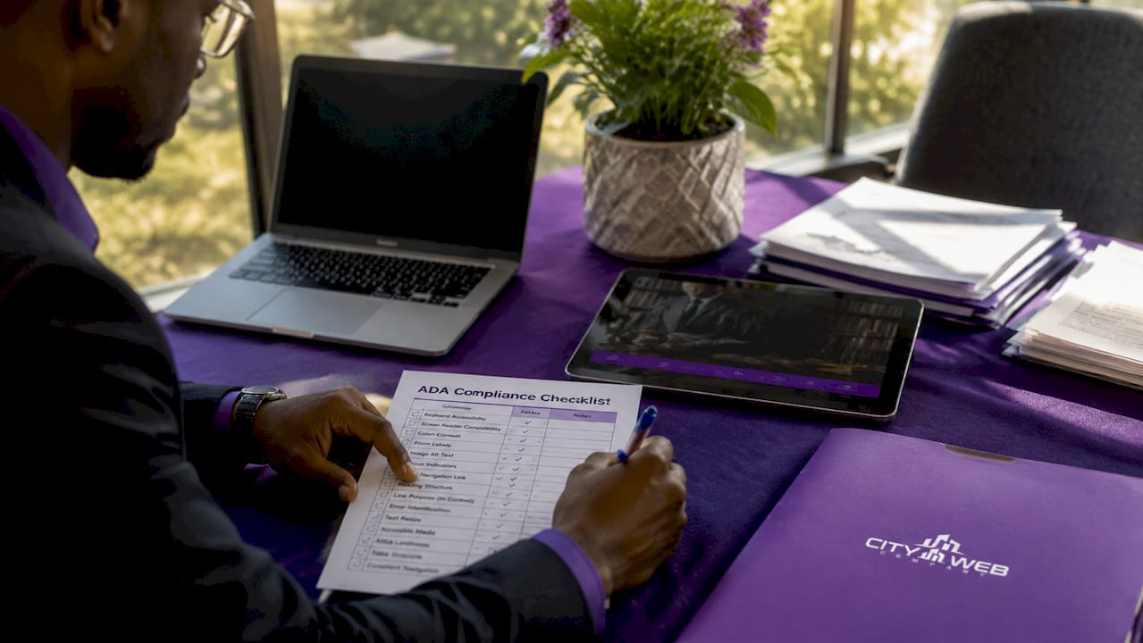 Hands checking ADA compliance documents at table