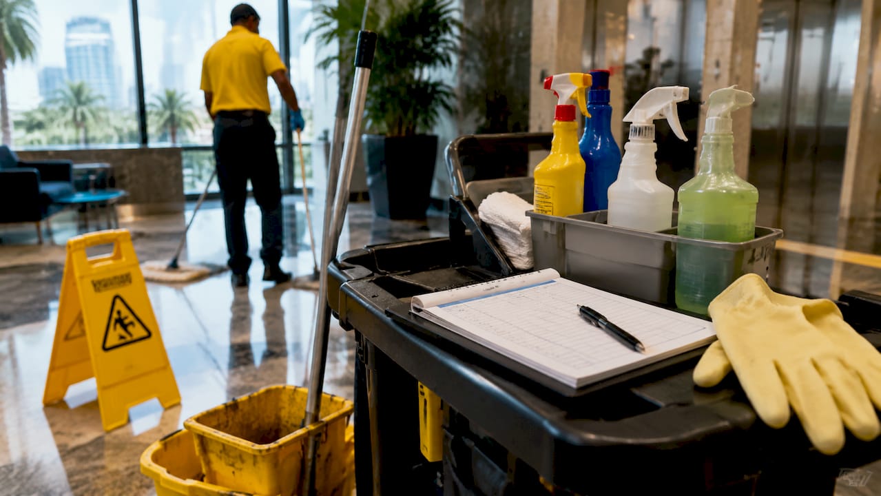 Overhead shot of janitorial cleaning supplies and checklist