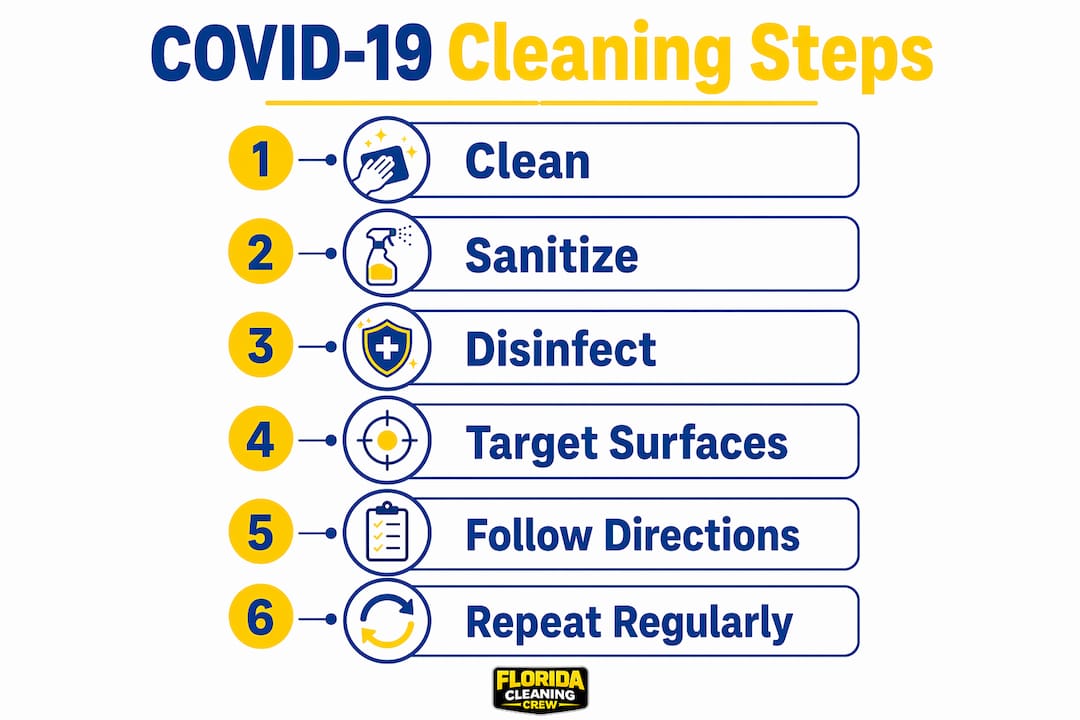 Infographic illustrating steps for effective COVID-19 cleaning