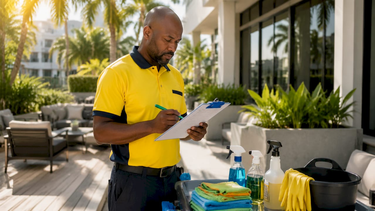 Janitor organizing cleaning checklist and supplies