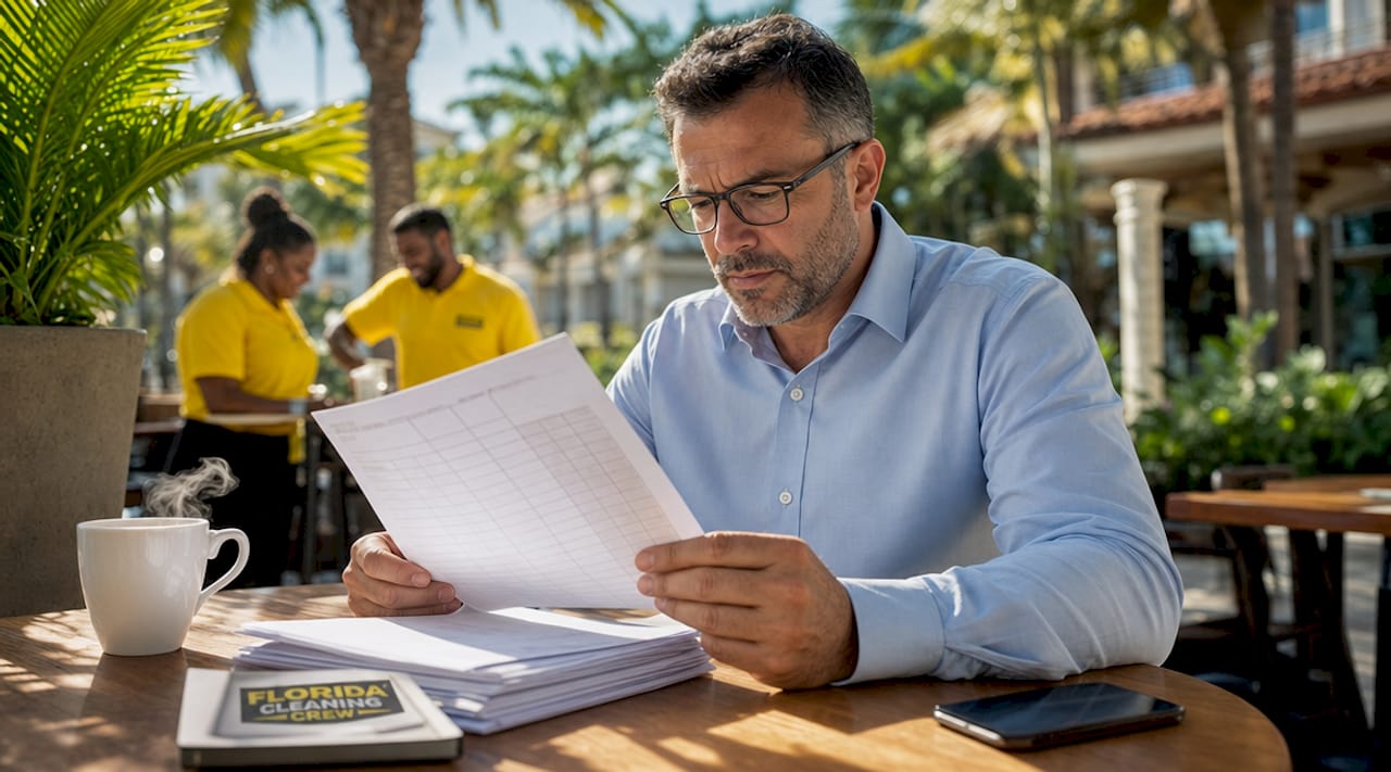 Property manager reviewing cleaning schedule over desk