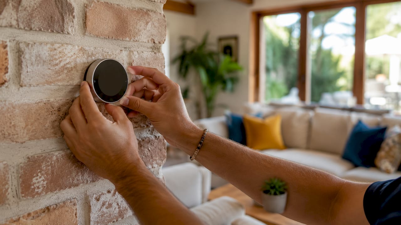 Hands adjusting smart thermostat on kitchen wall