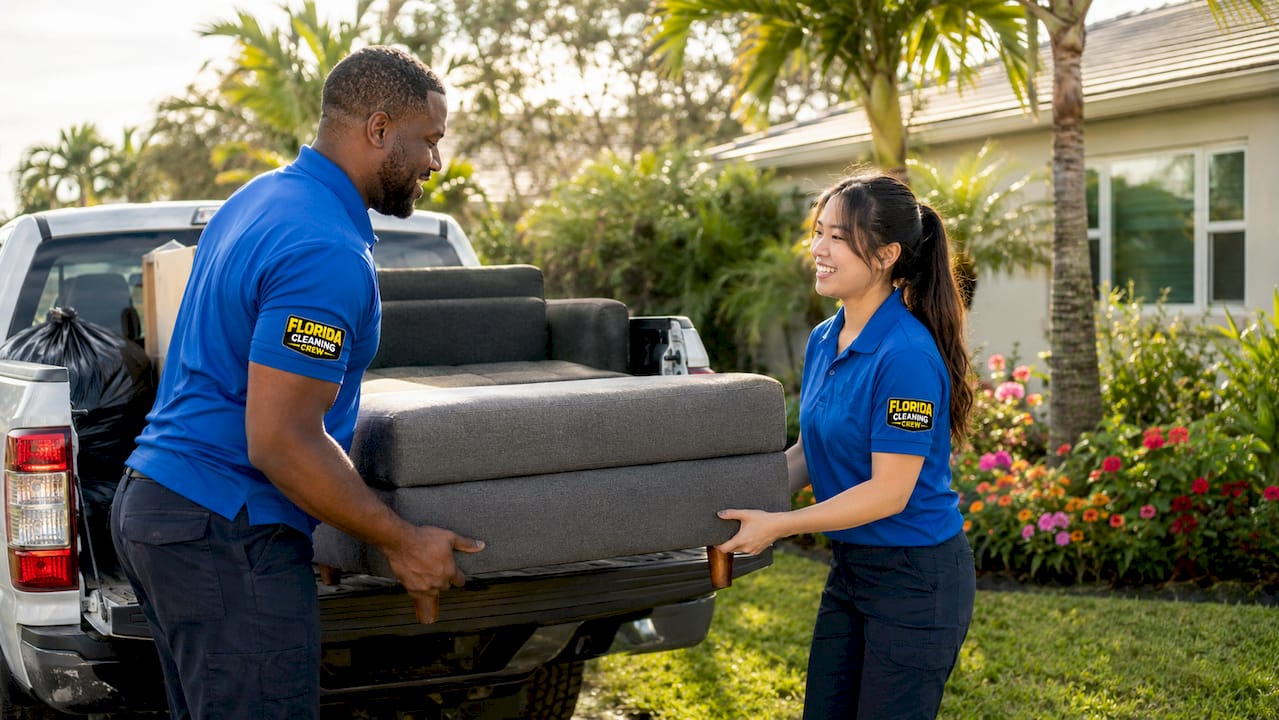 Junk removal crew loading truck in residential driveway