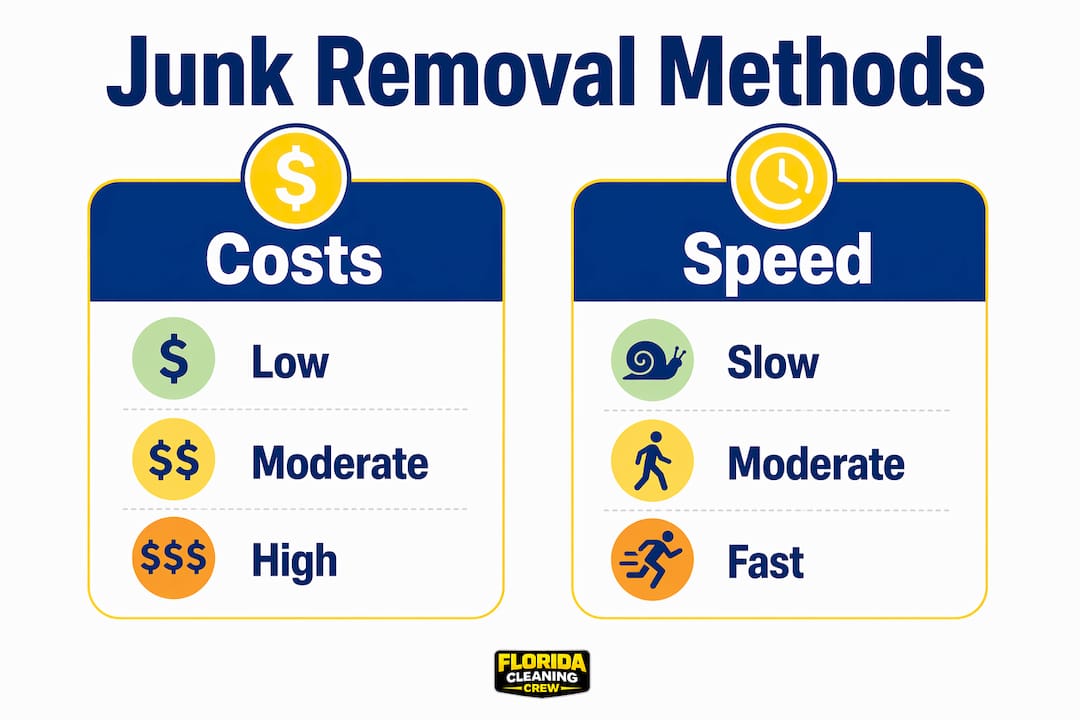 Infographic comparing junk removal methods by cost and speed