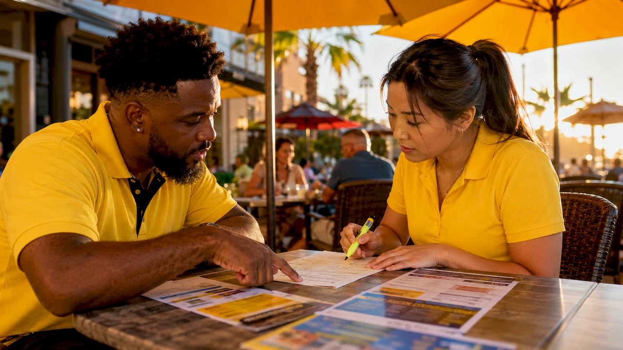 Two managers discussing cleaning pricing options