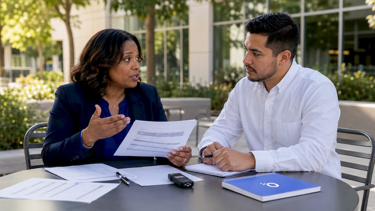 Interview panel reviewing candidate evaluations