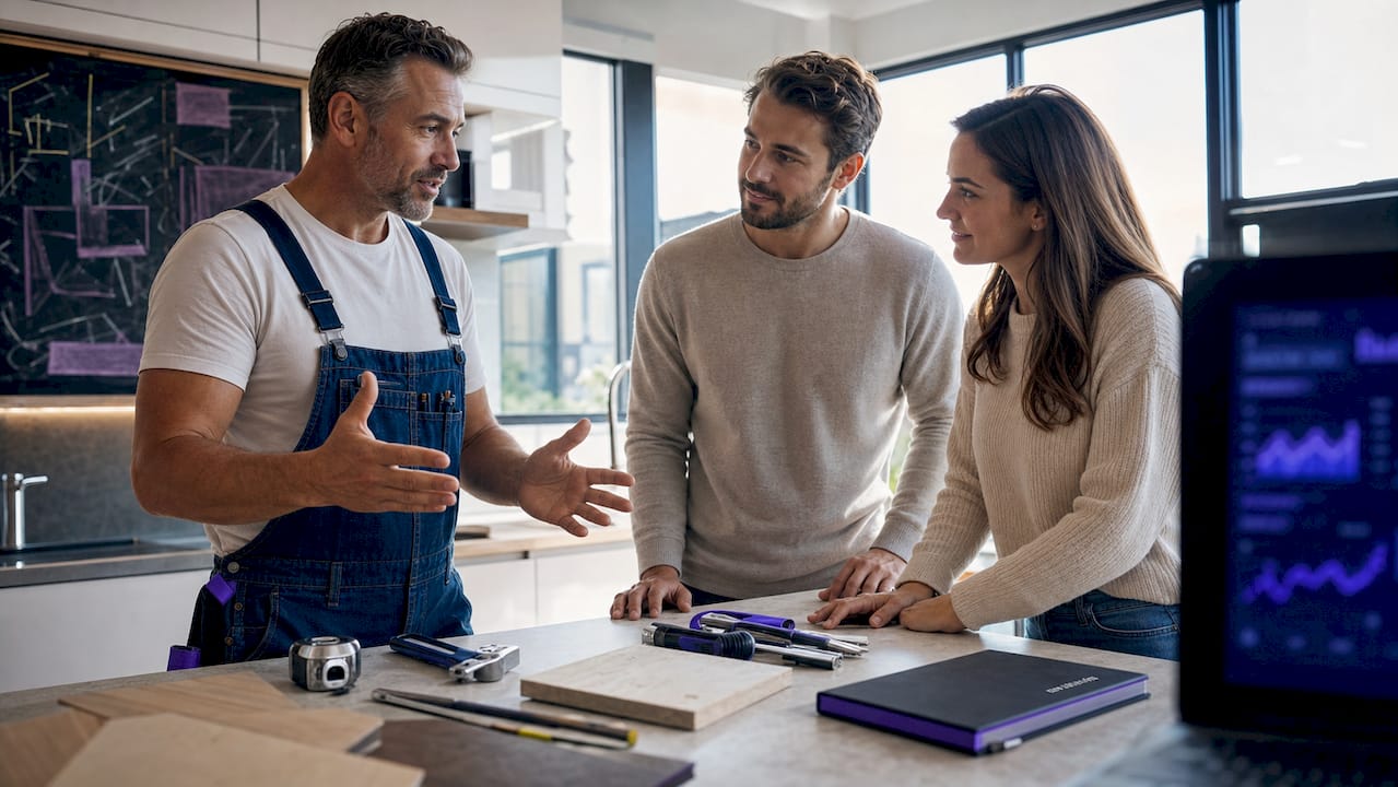 Handyman discussing service with clients in workshop