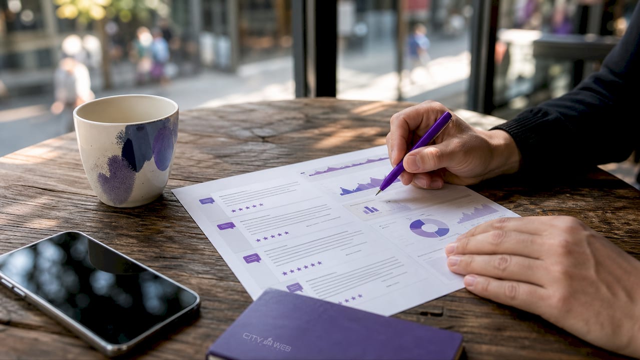 Hands holding printed customer reviews with notes