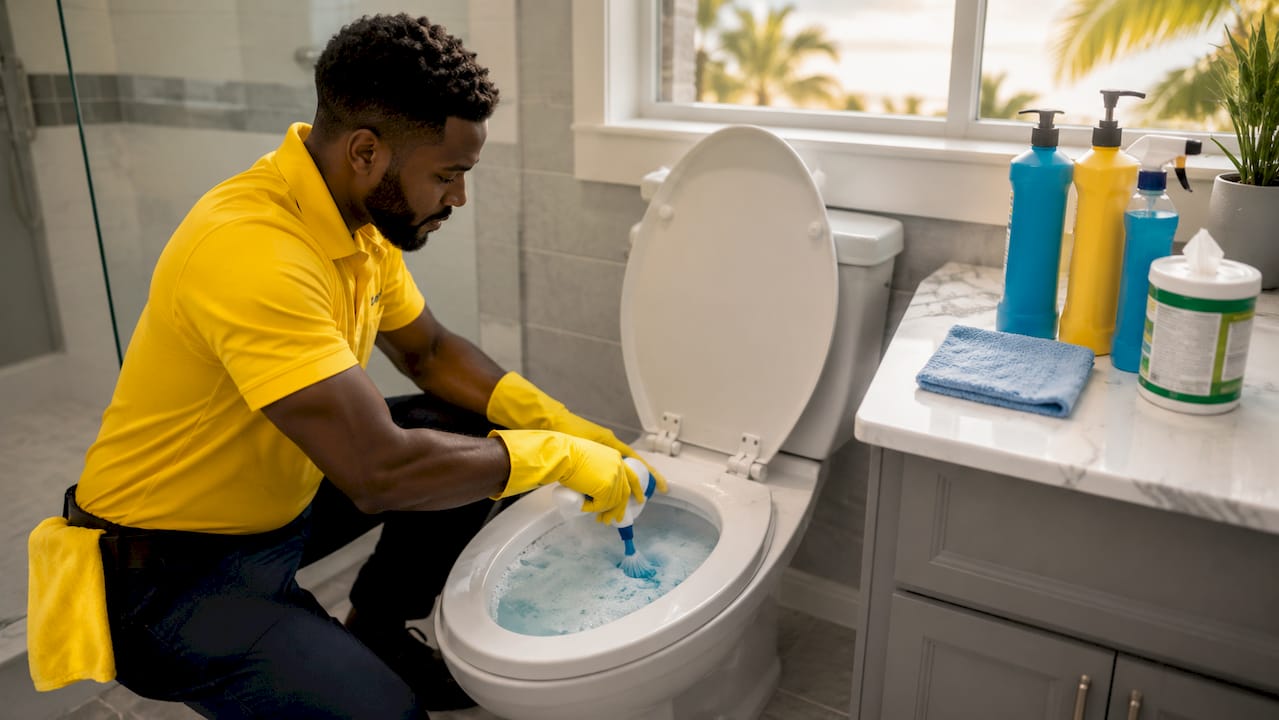 Hands spraying cleaner in bathroom toilet bowl