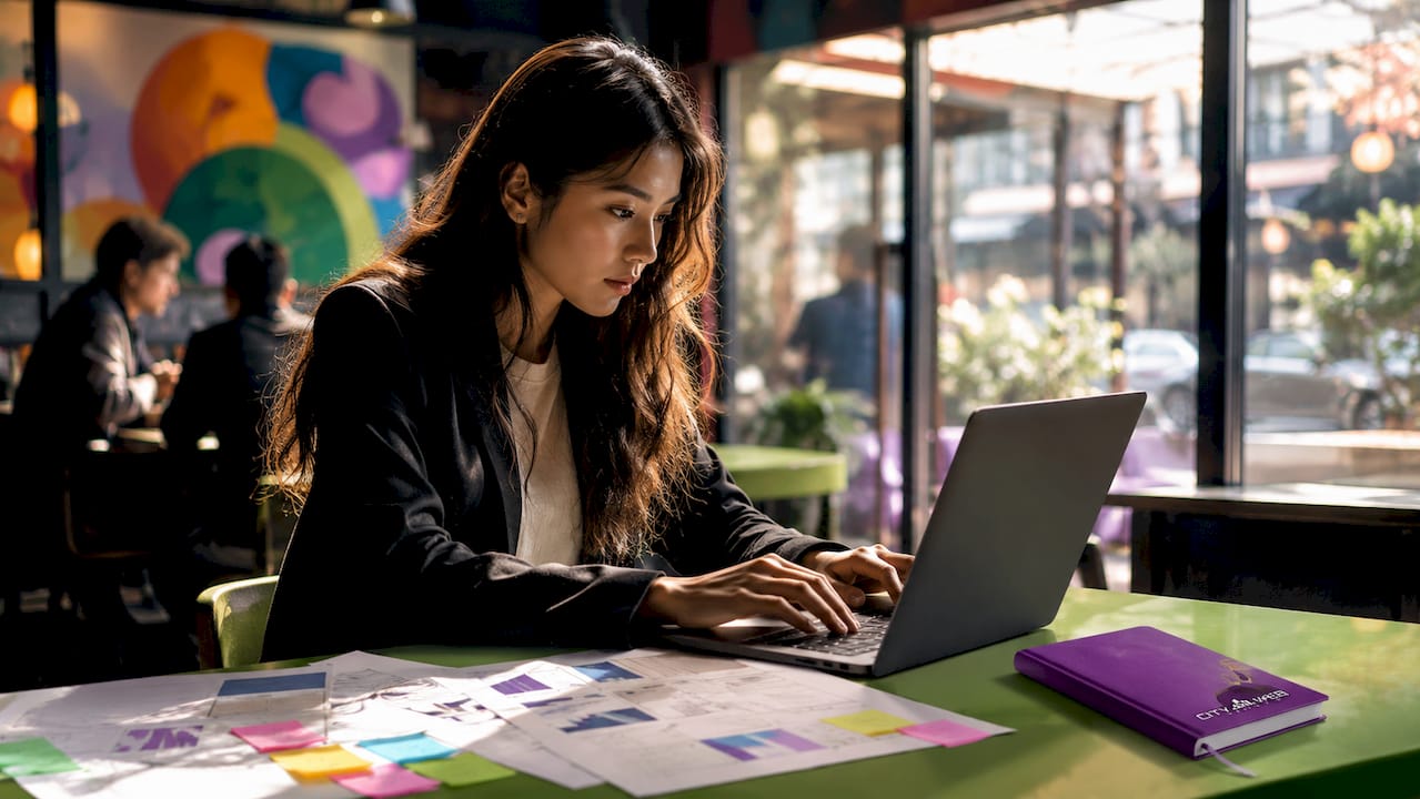 Hands typing search ads setup on laptop