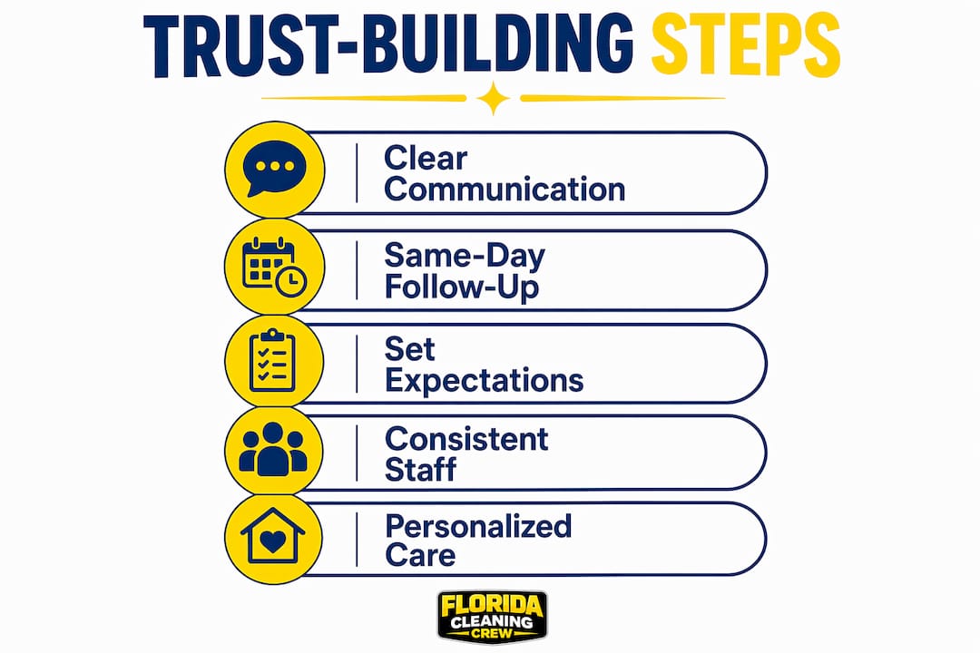 Infographic showing steps to build trust with cleaning clients