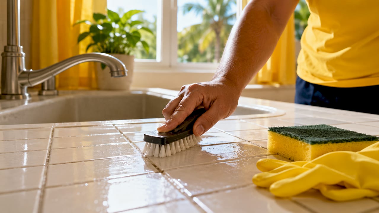 Scrub brush cleaning bathroom grout lines