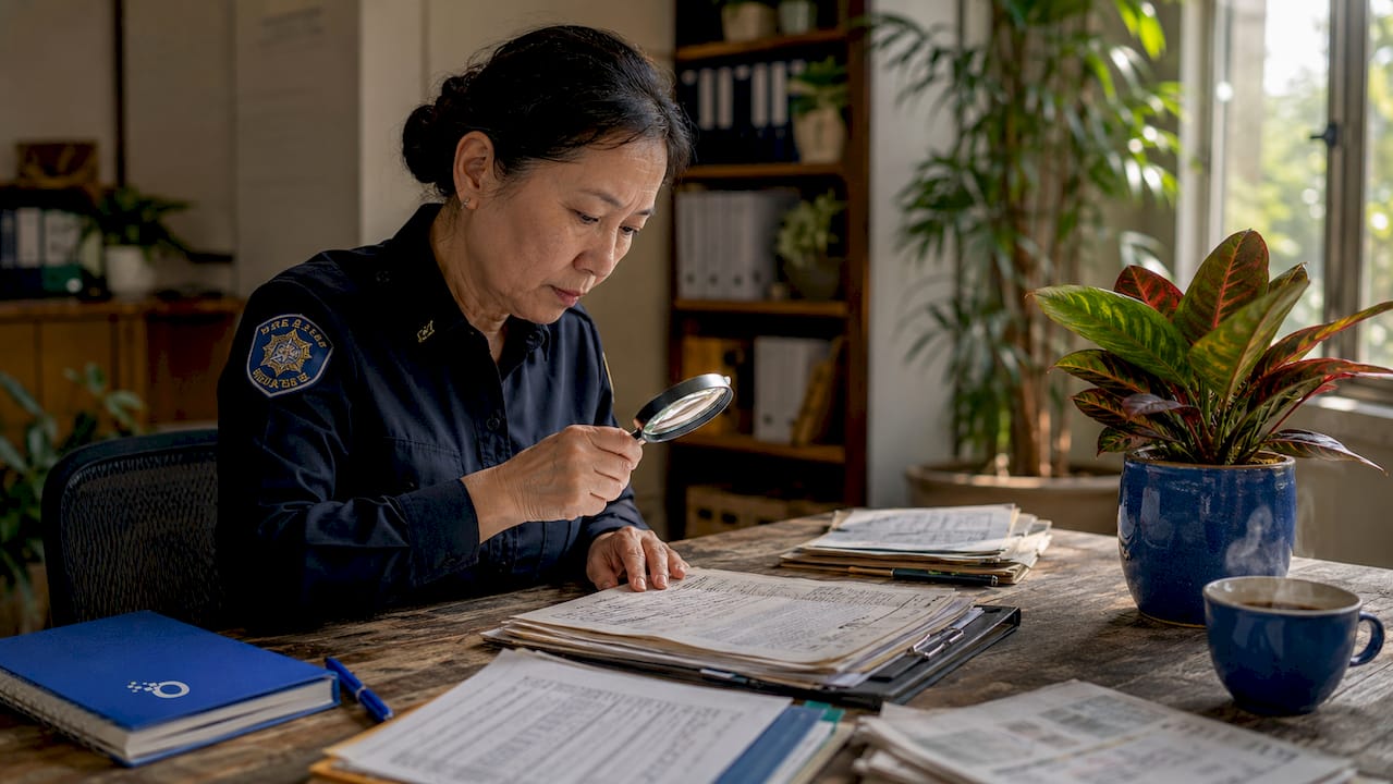 Hands examining vetting documents with magnifier