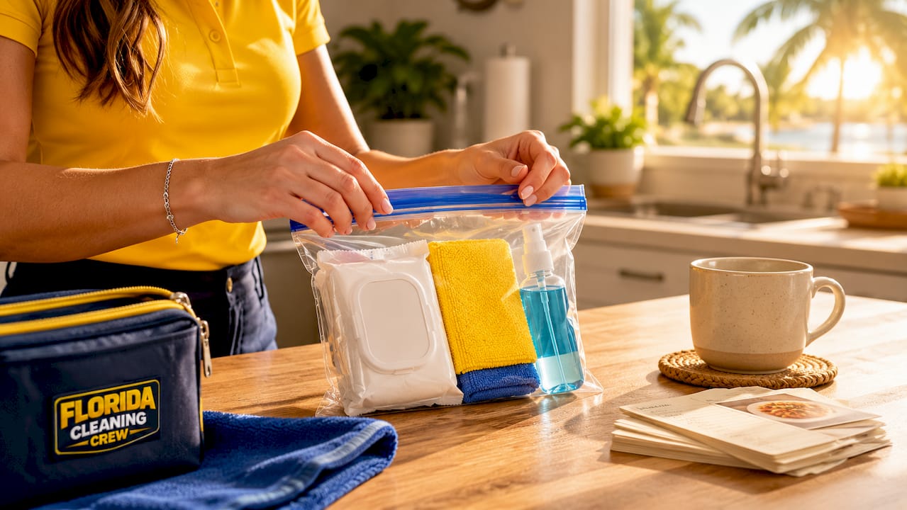 Hands packing cleaning supplies in kitchen