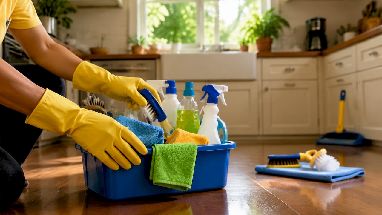 Hands organizing cleaning supplies in caddy