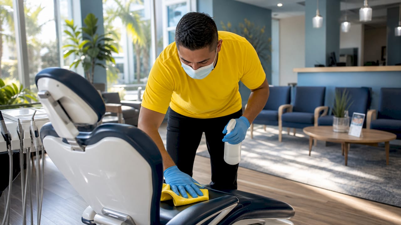 Technician disinfecting dental equipment in office