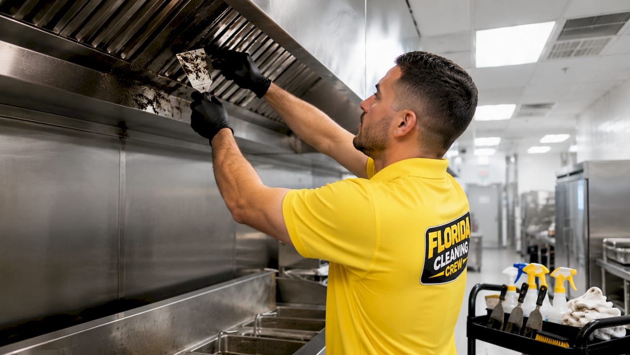 Gloved hands removing grease from kitchen ductwork