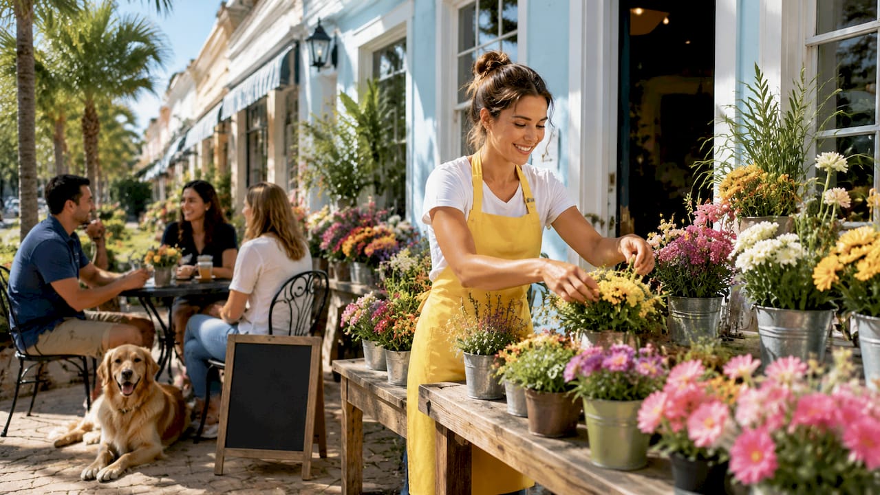 Business owner arranging flowers outside clean storefront