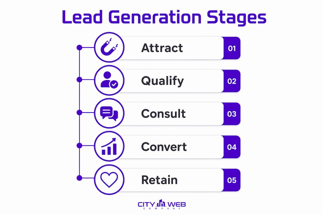 Infographic showing stages of legal lead generation workflow