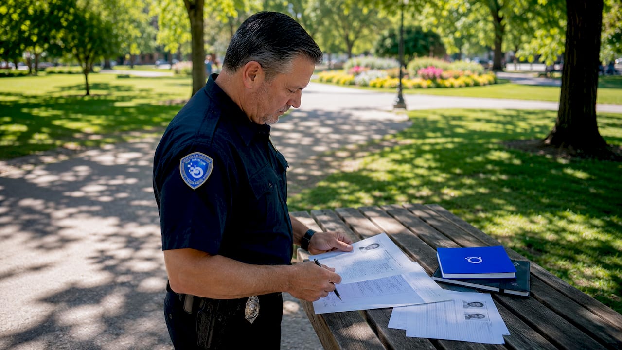 Officer reviewing background check documents in office