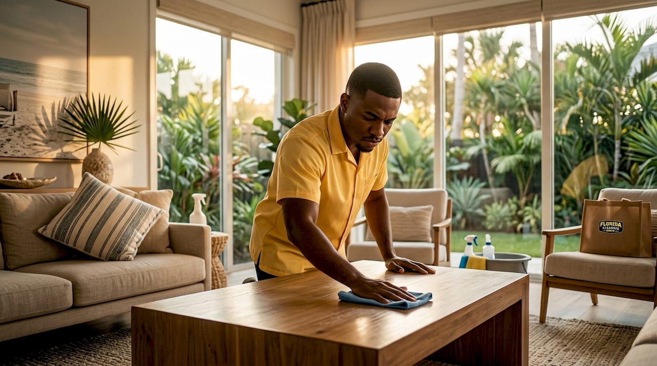 Cleaner inspecting door handle in Florida home