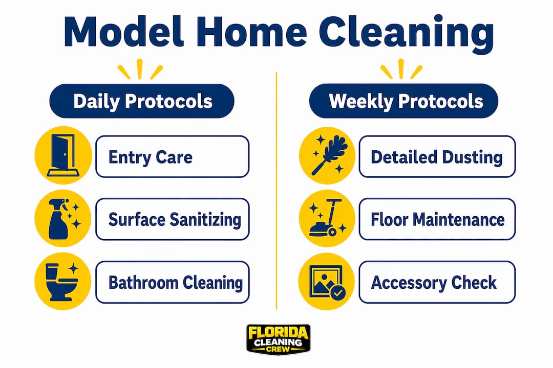 Infographic comparing daily and weekly model home cleaning tasks