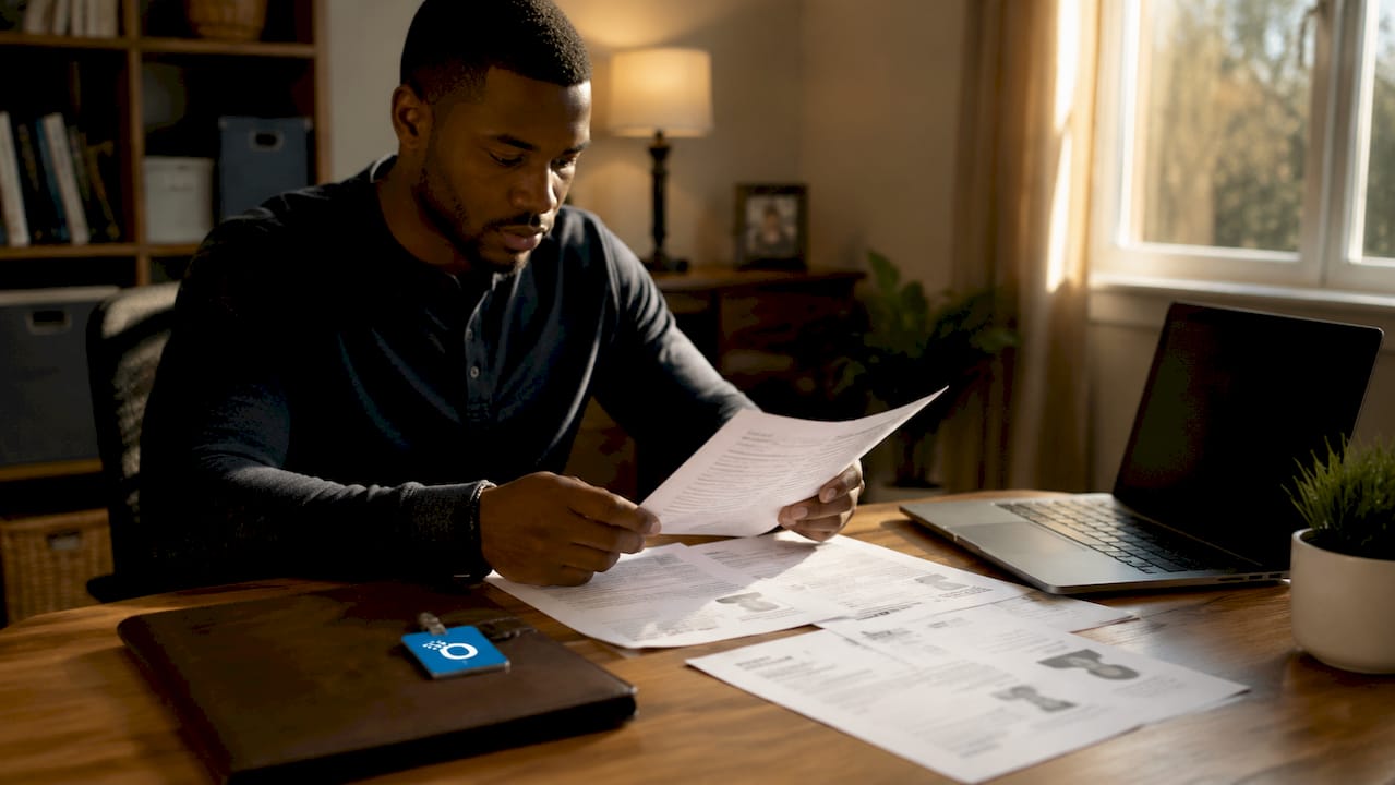 Hands typing next to background check reports on desk