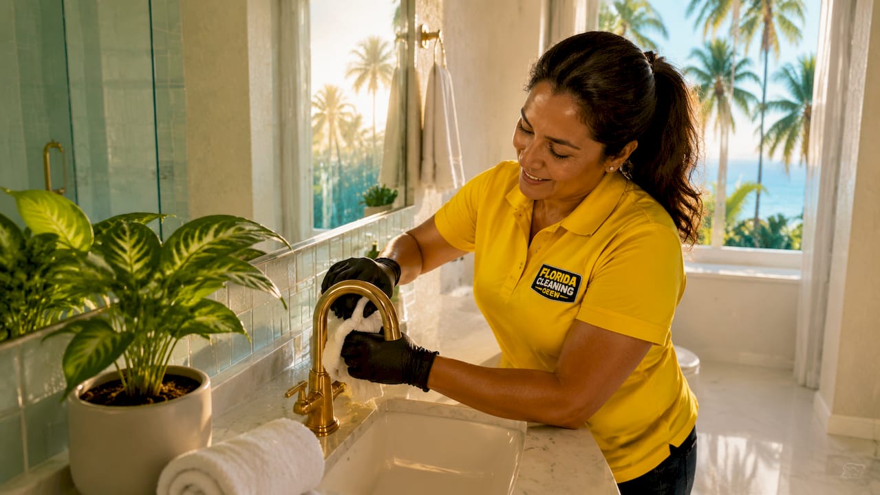 Cleaner polishing bathroom faucet indoors