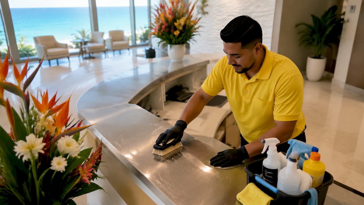 Professional cleaner mopping clinic lobby floor