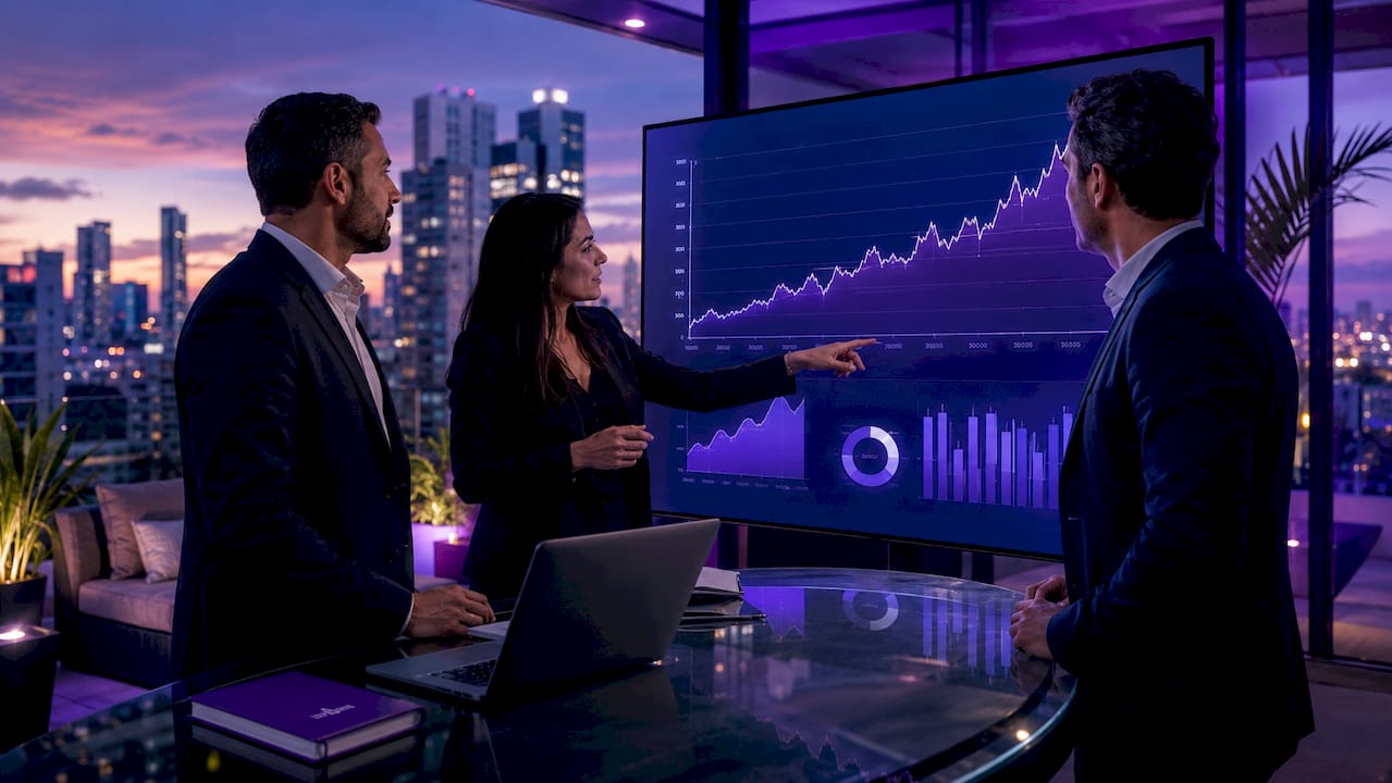 Team reviewing sales and SEO analytics screens