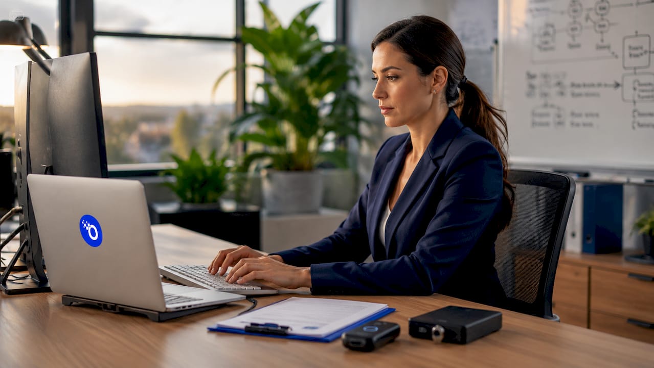 Hands typing at secure workstation with dual monitors