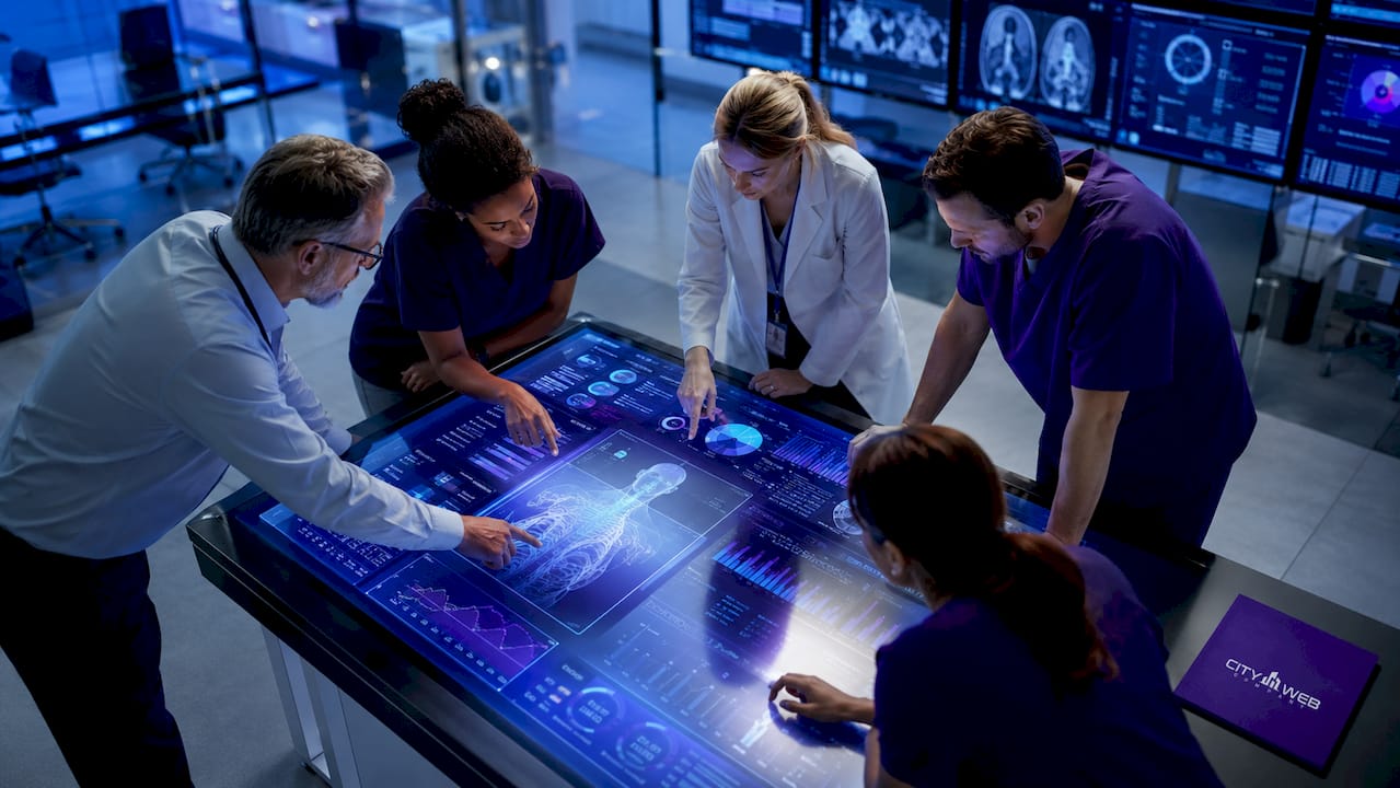 Hands interacting with healthcare data display