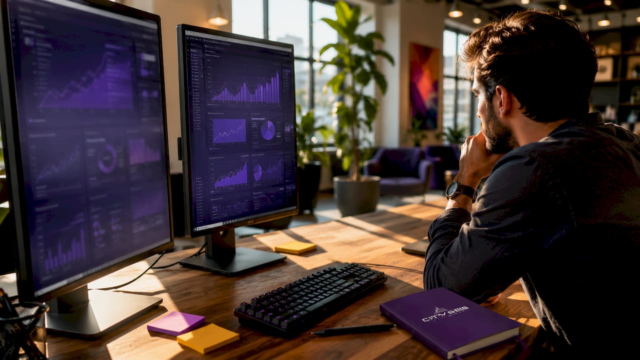 Digital marketing workspace with analytics screens