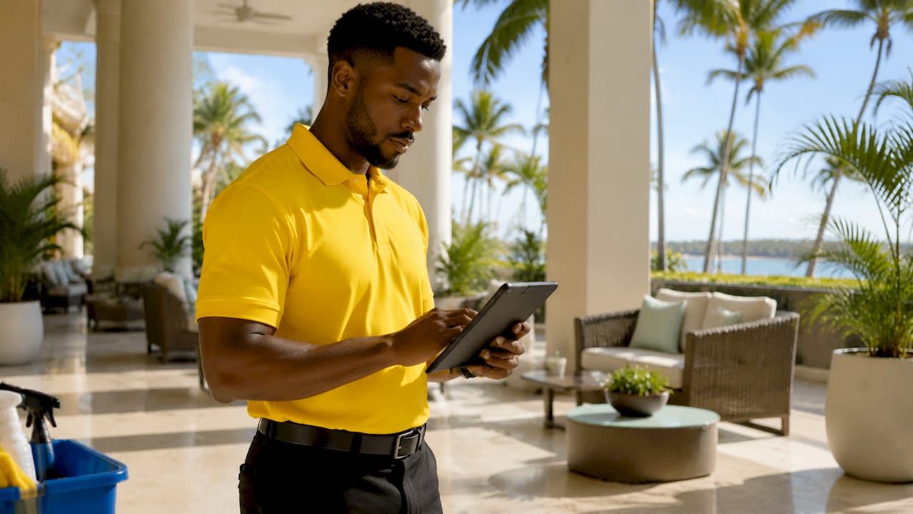 Cleaning technician using tablet in building lobby