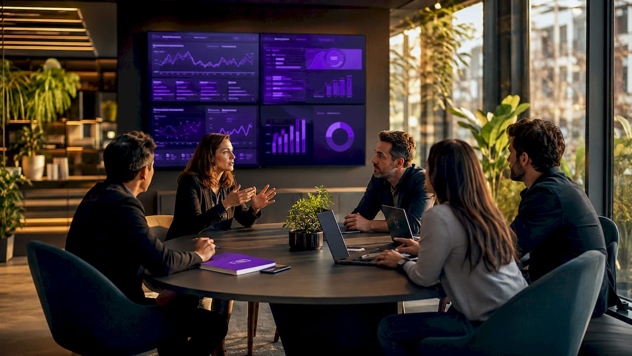 Executive team reviewing marketing data screens