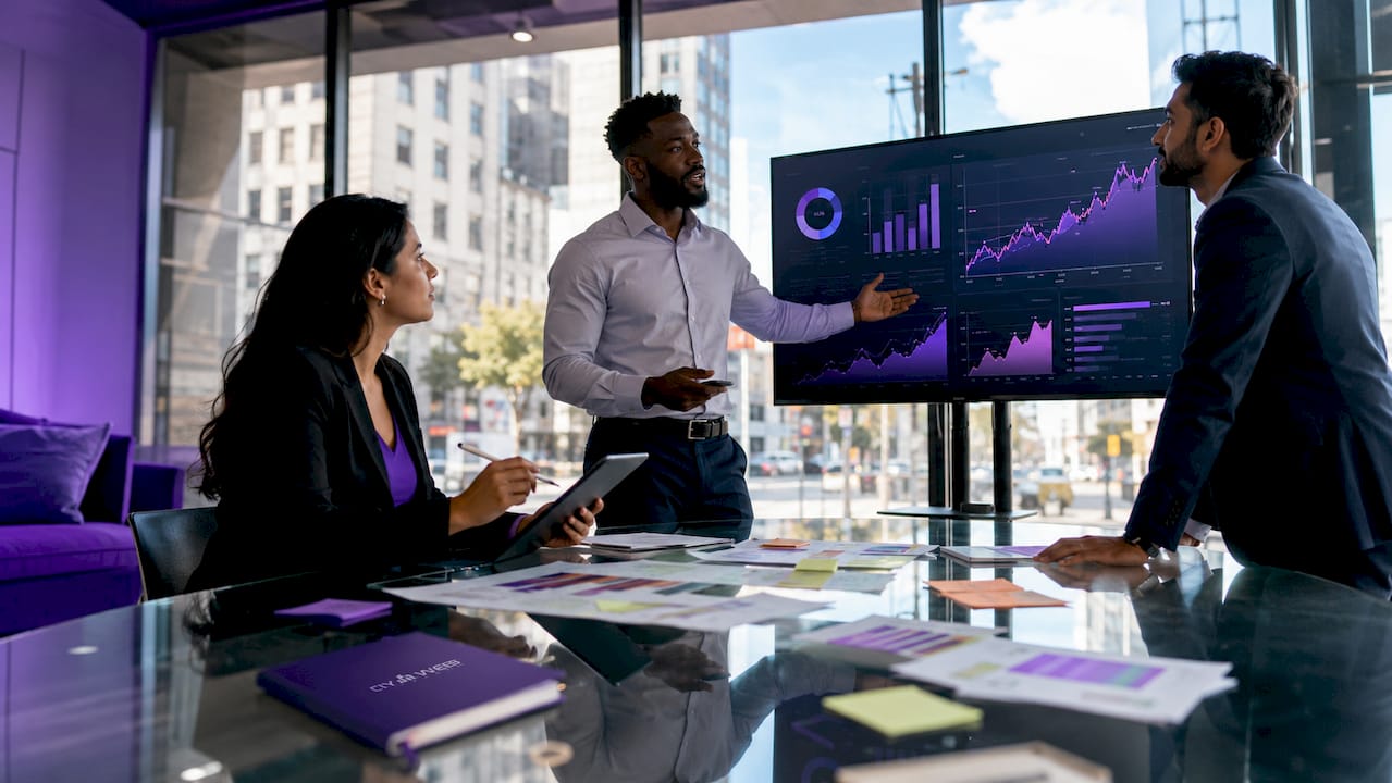 Hands configuring monitors displaying marketing data dashboards