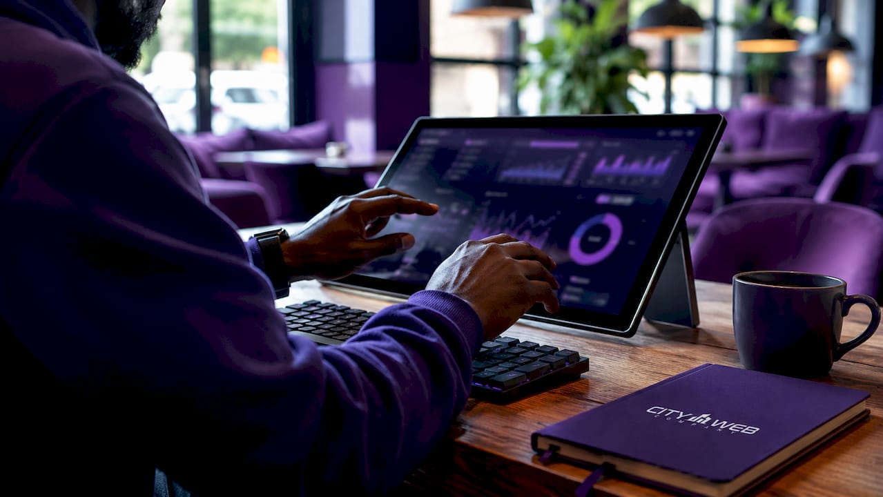 Hands customizing social media campaigns on touchscreen display