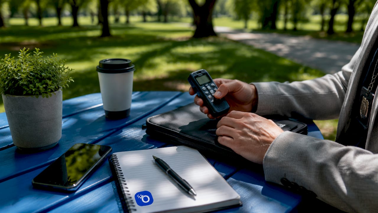 Investigator’s hands with recorder and case files outdoors