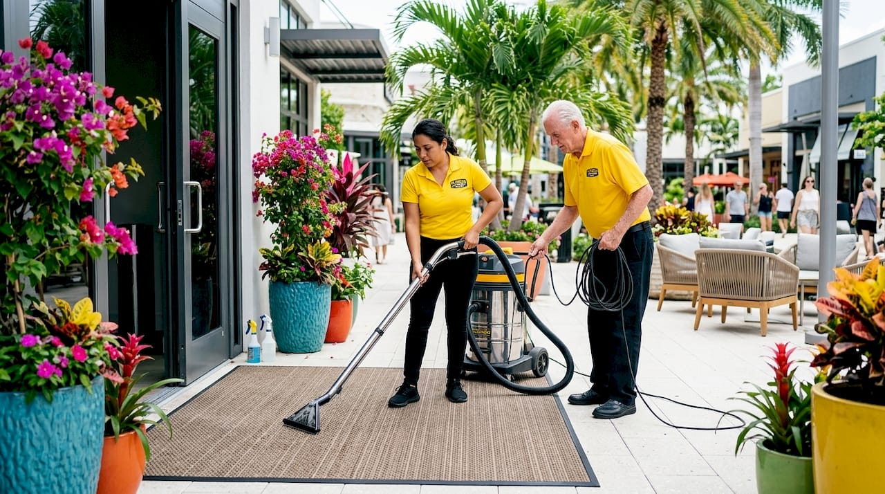 Two cleaning staff vacuuming commercial entrance mat outdoors