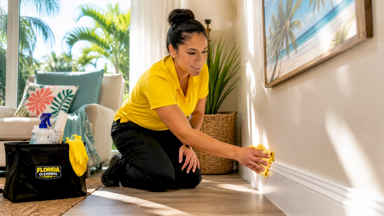 Cleaner dusting baseboards indoors in Florida rental