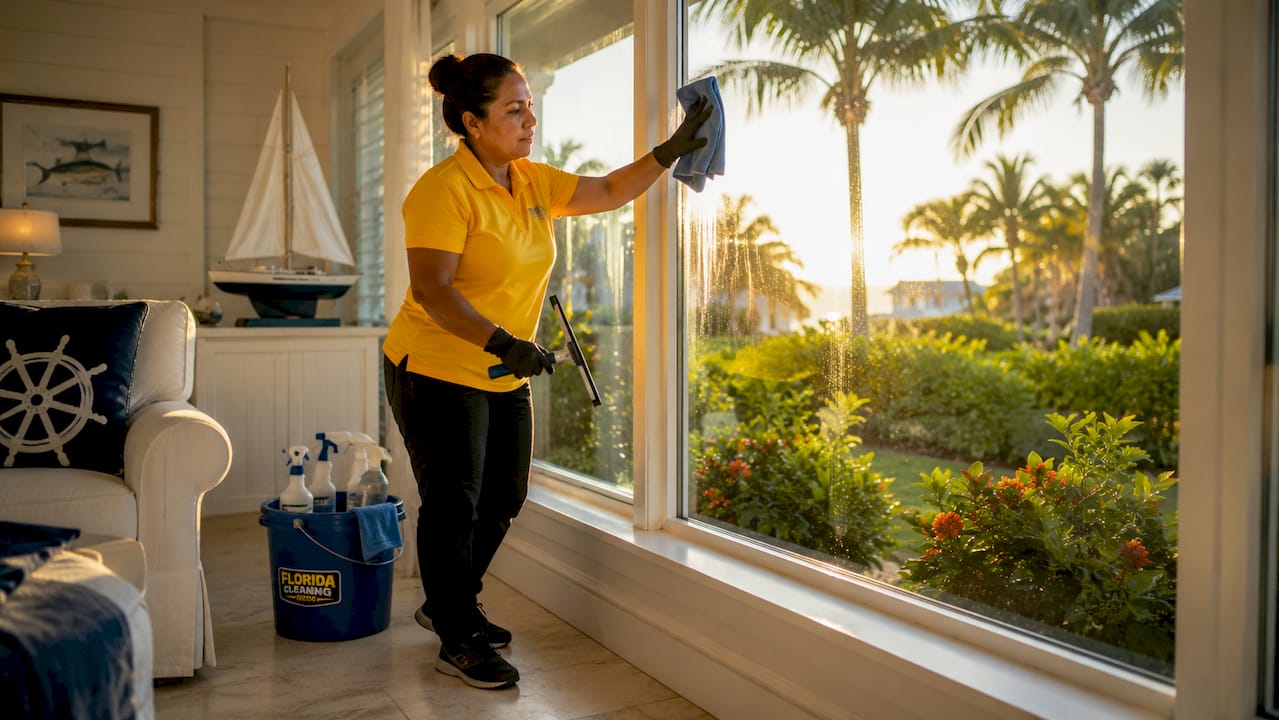 Professional cleaning bright interior windows in Florida home