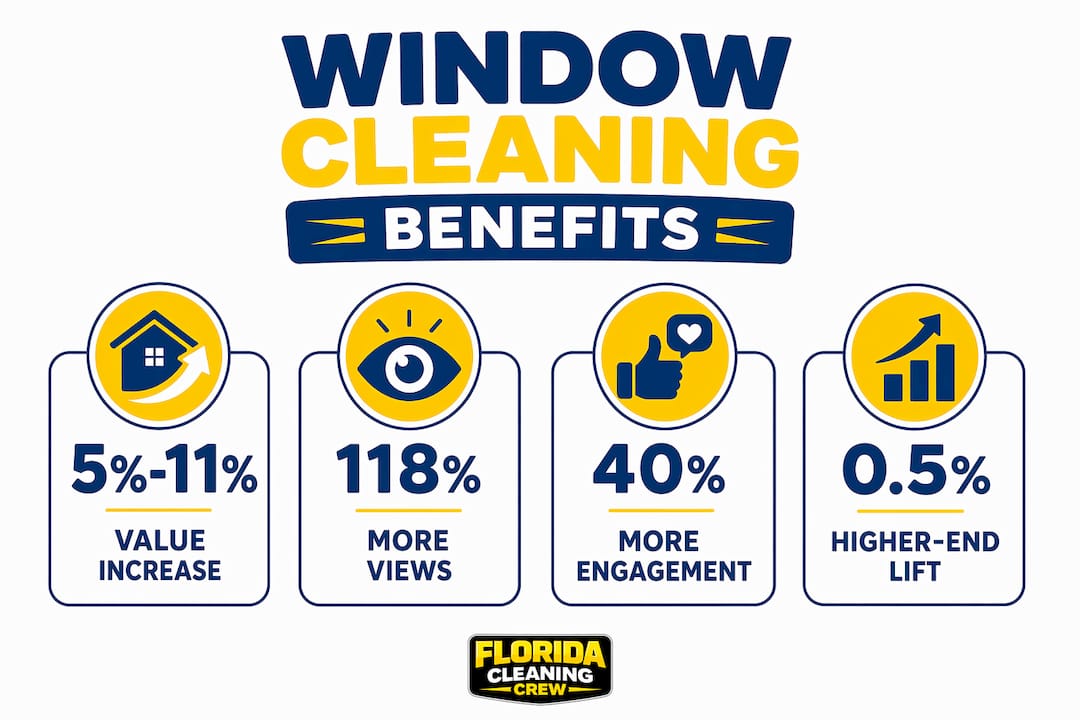 Infographic showing window cleaning benefits on property value and engagement