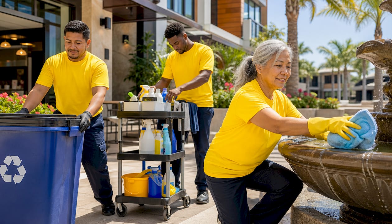 Diverse cleaning team working efficiently in Florida business lobby