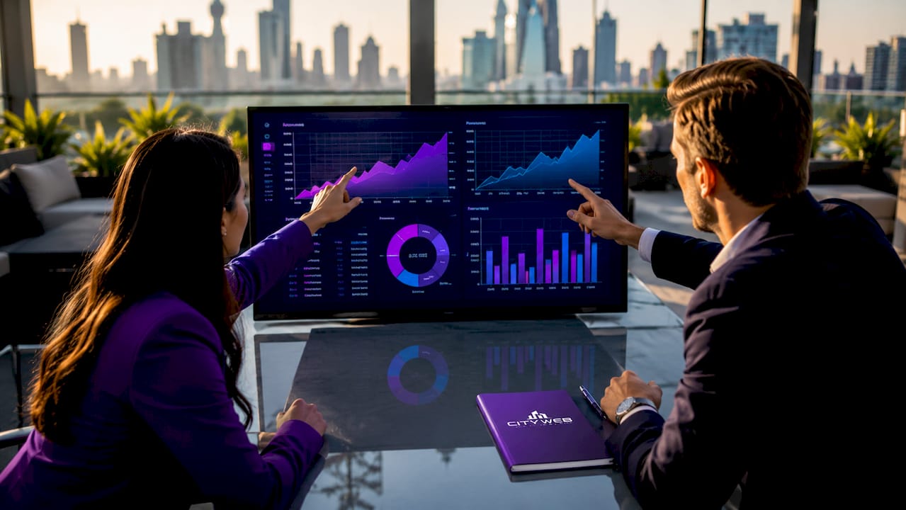 Hands pointing at digital growth charts in boardroom