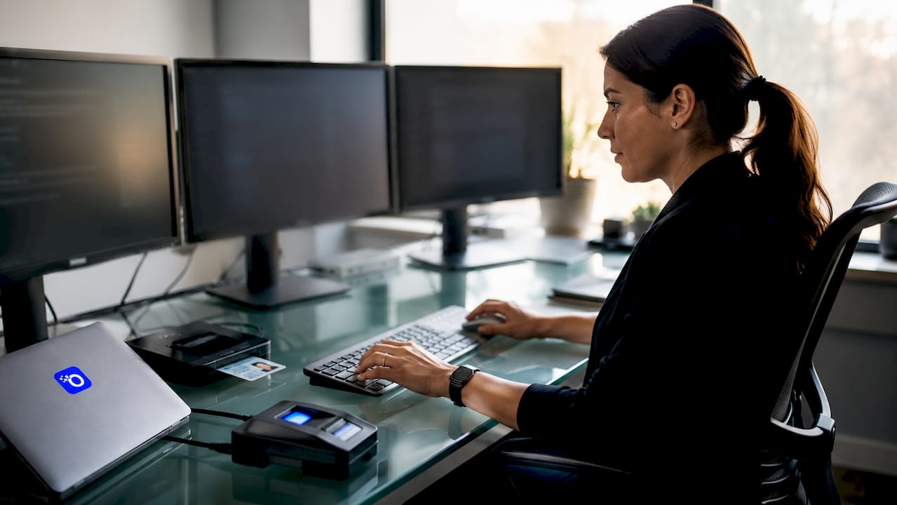 Hands operating criminal background check workstation