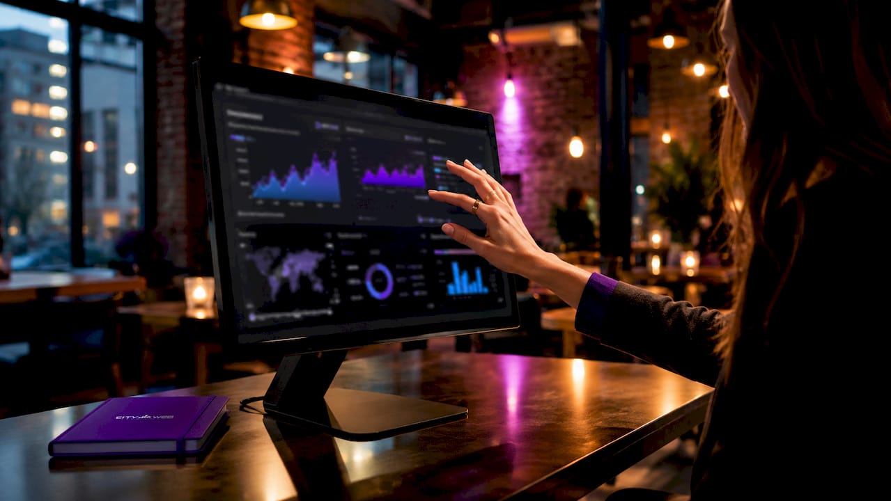 Hands interacting with local SEO analytics dashboard